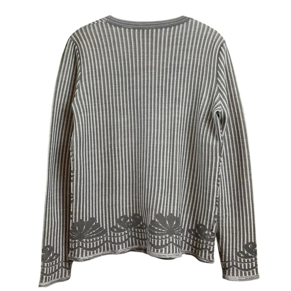 Worth New York Wool Knit Floral Striped Buttoned Cardigan Sweater Gray Ivory M - Picture 2 of 9